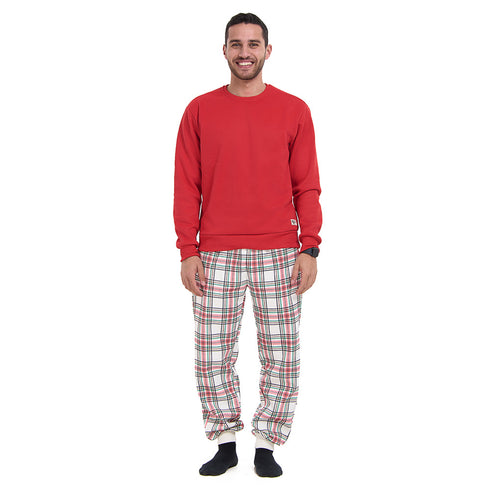 Men Winter Pajama Set Red Sweatshirt + Red x Green Checkered Pants